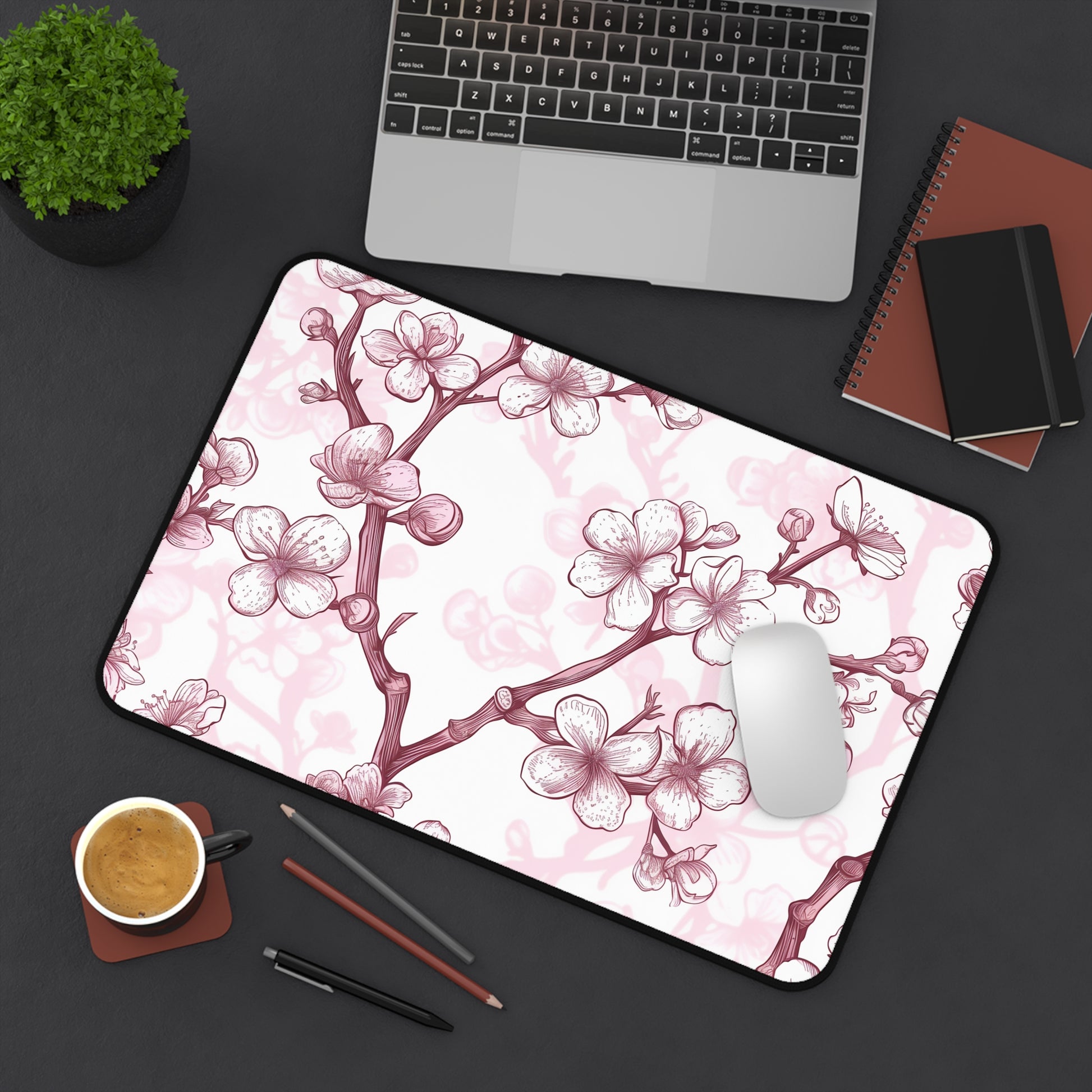 "Cherry Blossom Desk Mat - Elegant soft pink and white pattern for office decor"