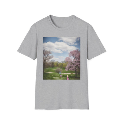 "Nature's Embrace T-shirt depicting vibrant suburban park scene with families - A Canvas of Joy in Nature's Embrace design, a cheerful masterpiece capturing the essence of spring blooms, warmth of sun, and laughter of children"