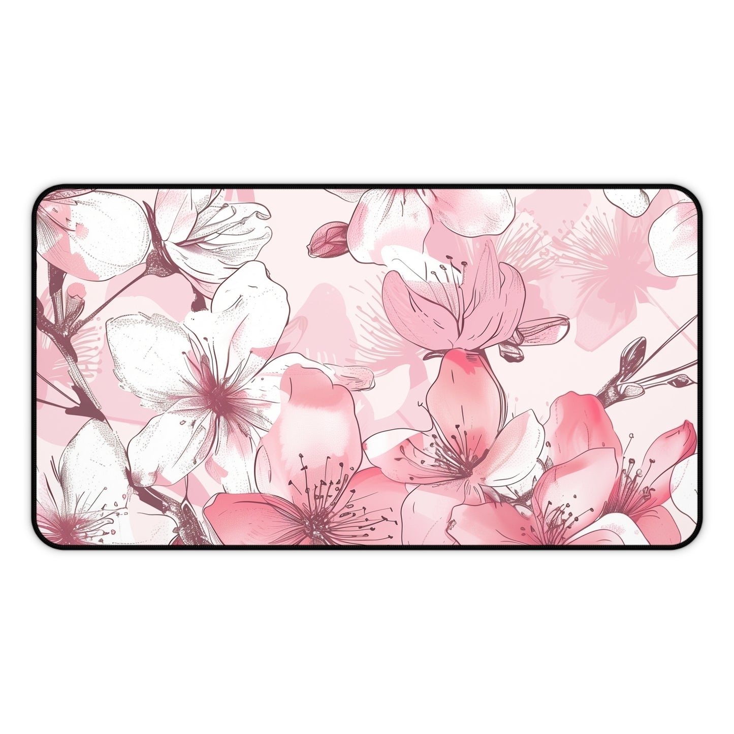 "Cherry Blossom desk mat - elegant pink and white floral pattern for stylish workspace"