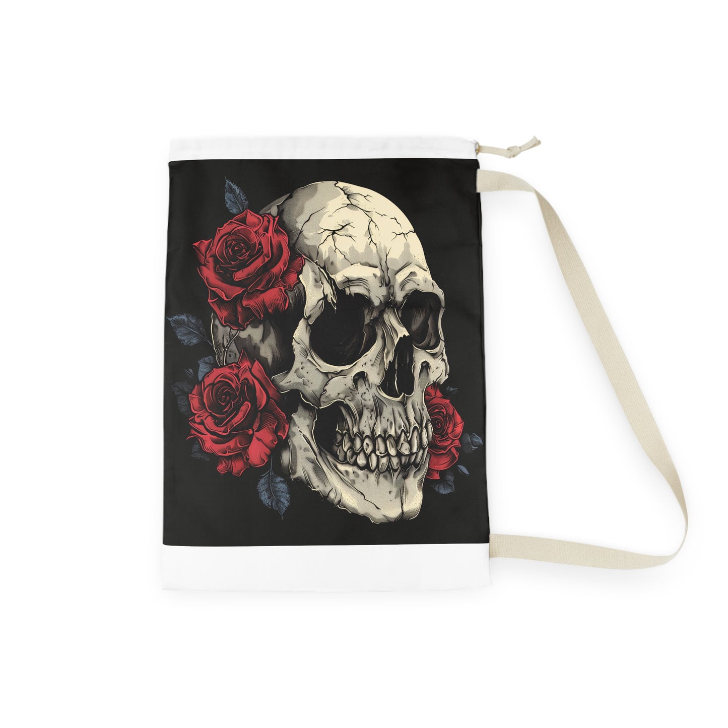 Gothic Skull and Rose Laundry Bag - Spooky and romantic laundry accessory for gothic enthusiasts.