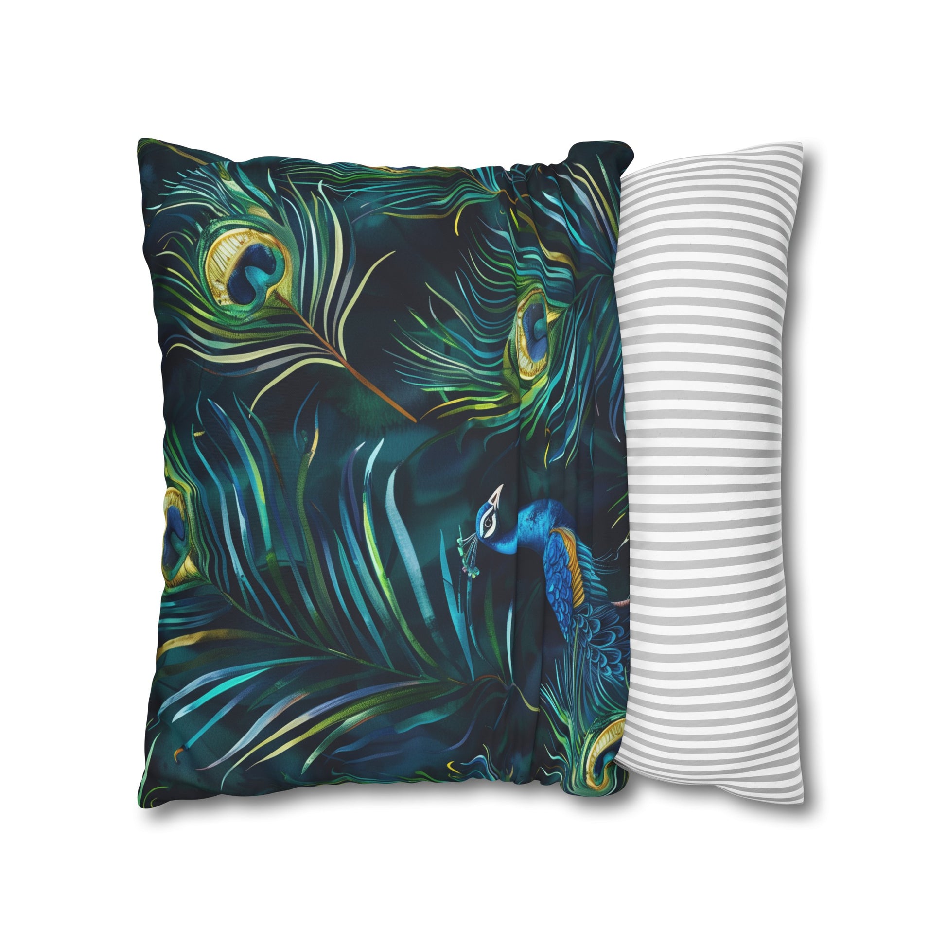 "Vibrant blue peacock feather pillowcase for luxurious bedroom decor"