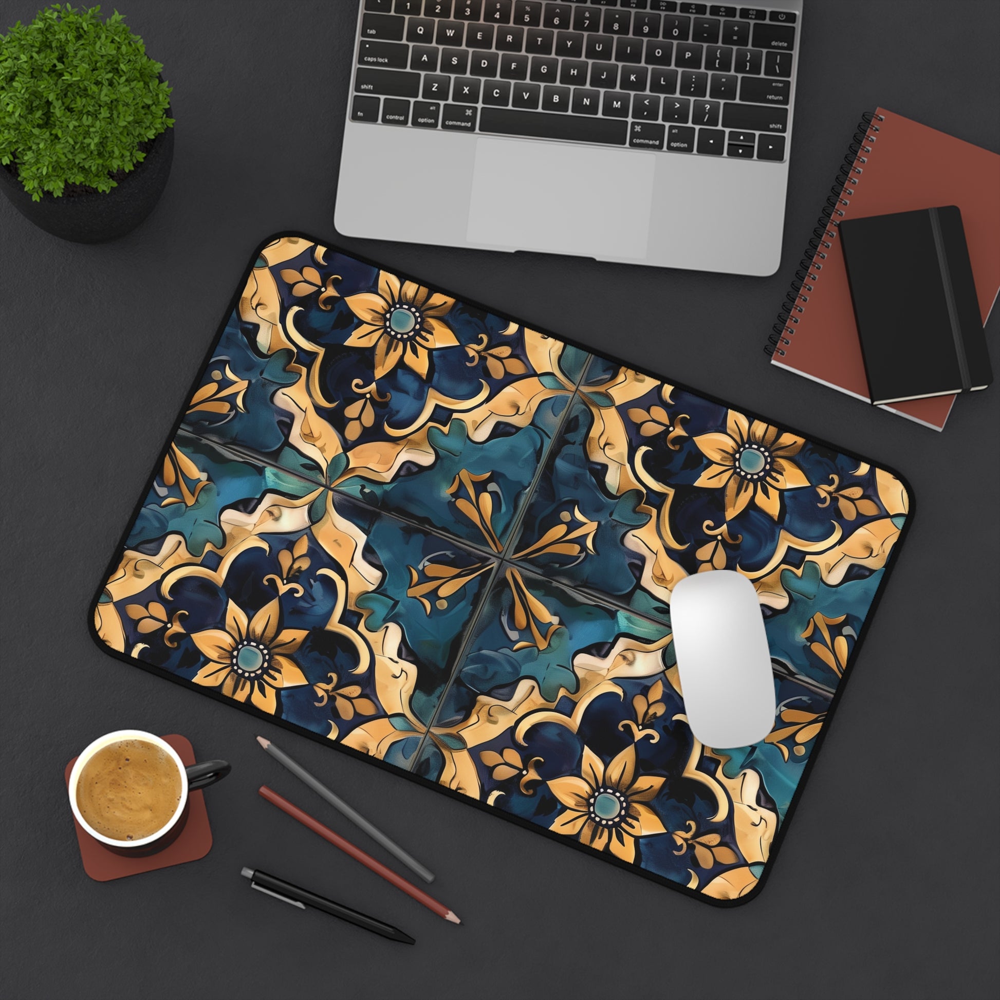 "Artisan Tiles Desk Mat - Elegant workspace accessory with seamless pattern for office decor"