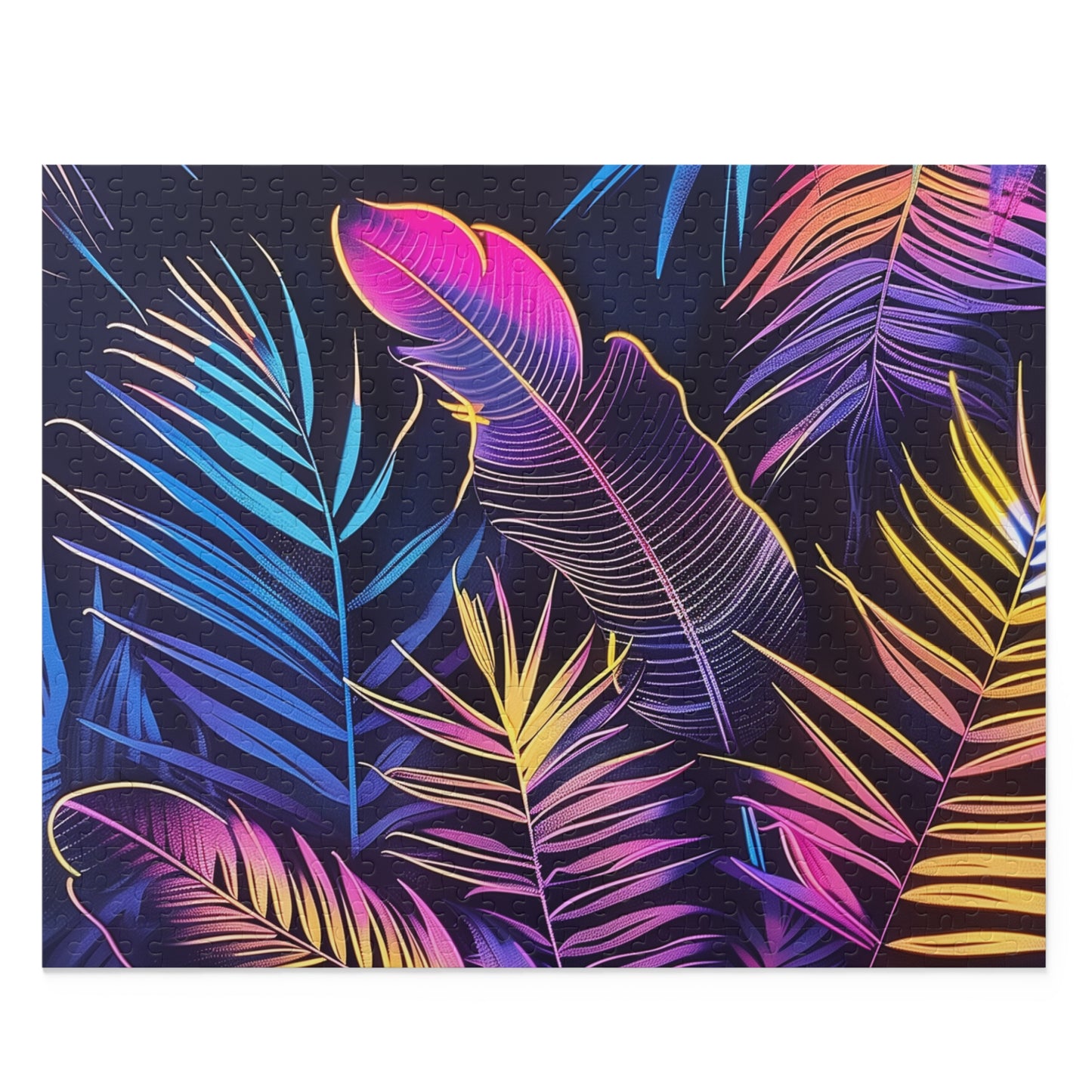 Neon Tropical Paradise Jigsaw Puzzle - Vibrant jungle oasis with neon tropical leaves and palm trees for a relaxing escape