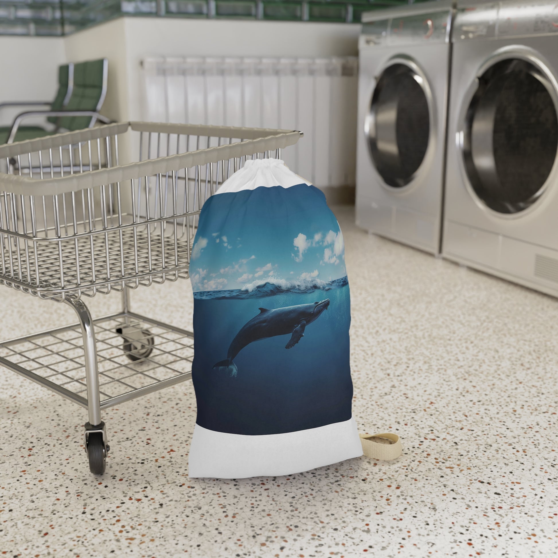 "Whale Ocean Laundry Bag: Serene minimalist design with elegant whale swimming in the ocean, ideal for organizing clothes"