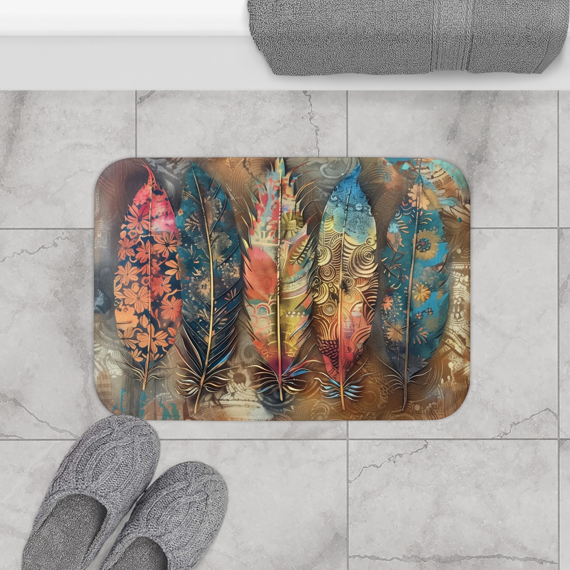 Boho Feathers Bath Mat | Bath Mats | Bath, Bathroom, Home & Living, Indoor, Sublimation | Prints with Passion