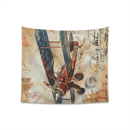 Vintage Travel Tapestry - High-quality and stylish airplane design with travel stamps. Perfect for all seasons. Ideal gift. Available in 34"x40" and 57"x57".