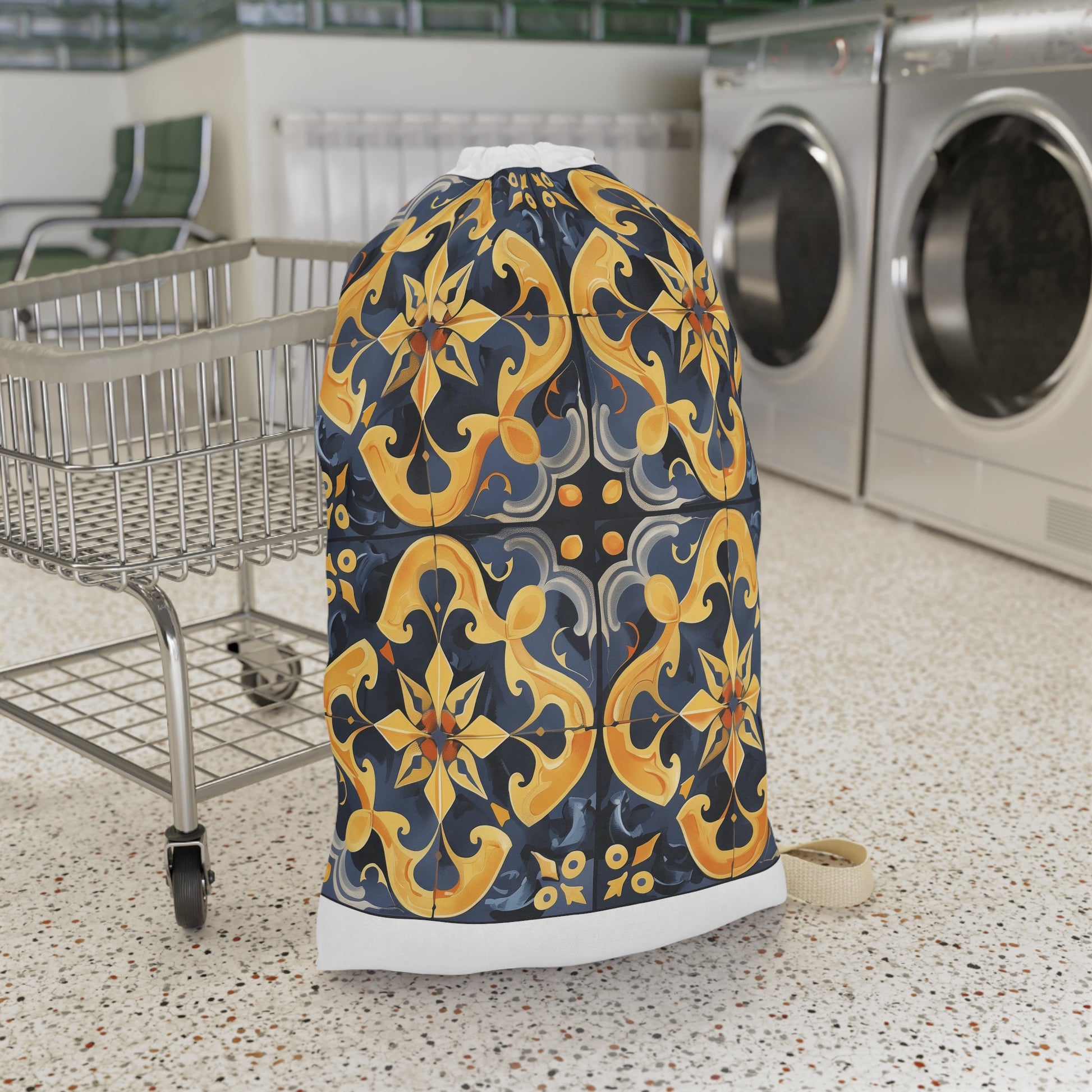 "Artisan Tiles seamless pattern laundry bag, elegant addition for home décor"