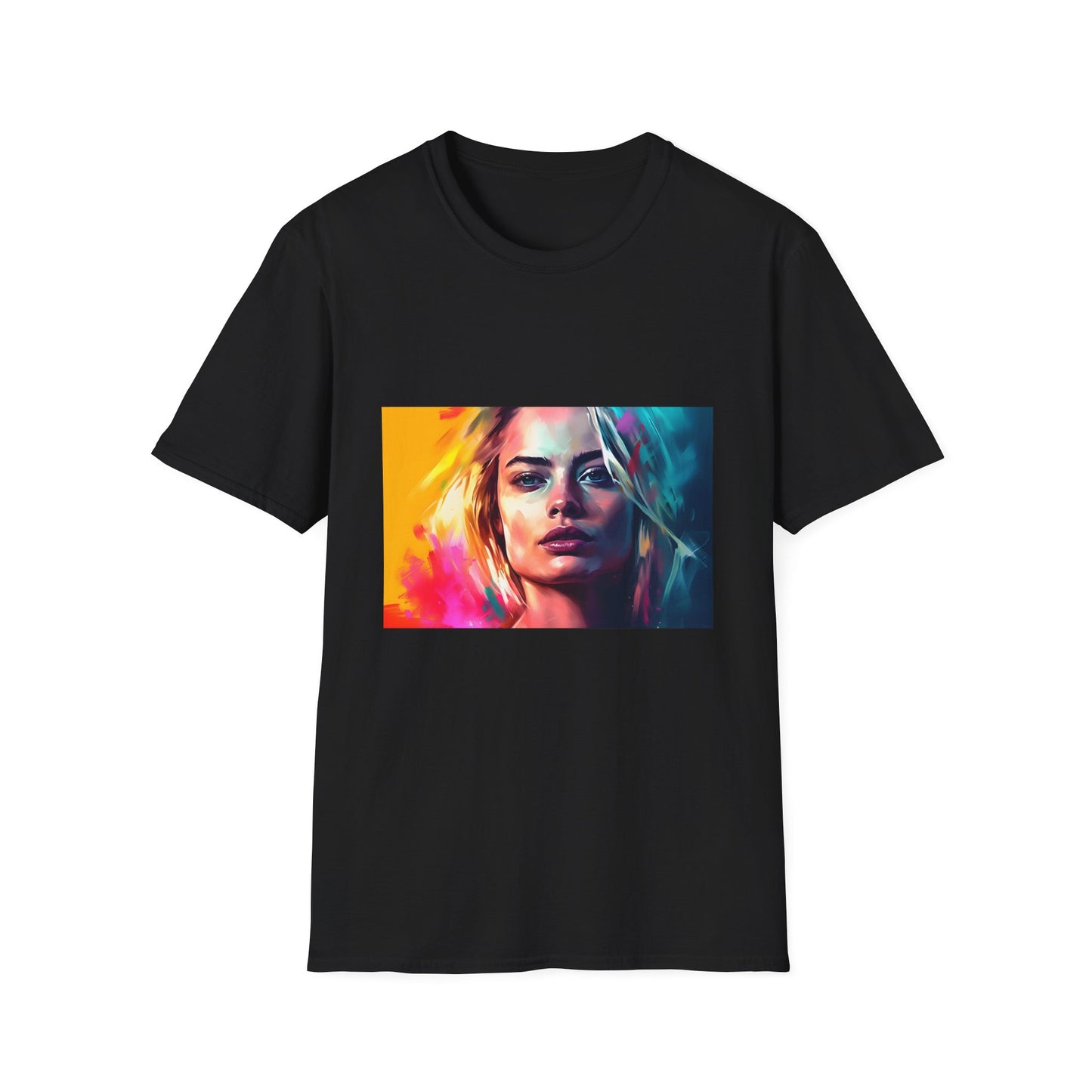 Captivating Charisma in Vibrant Hues | T-Shirt | Abstract, Artistic, Bold, Eye-catching, Fashionable, Hollywood glamour, Margot Robbie, Neon colors, Retro-inspired, Trendy, Vibrant, Watercolor | Prints with Passion