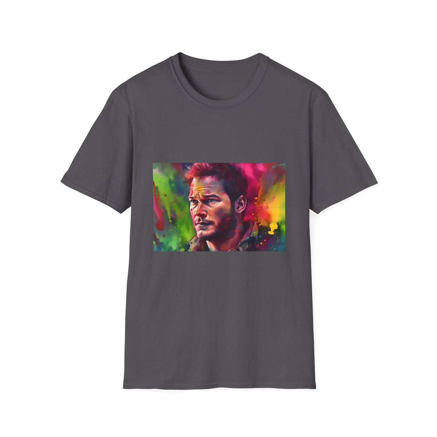 "Adventurous Spirit in Neon Hues T-shirt featuring Chris Pratt watercolor design - embody the wild optimism and iconic charisma with vibrant neon colors"