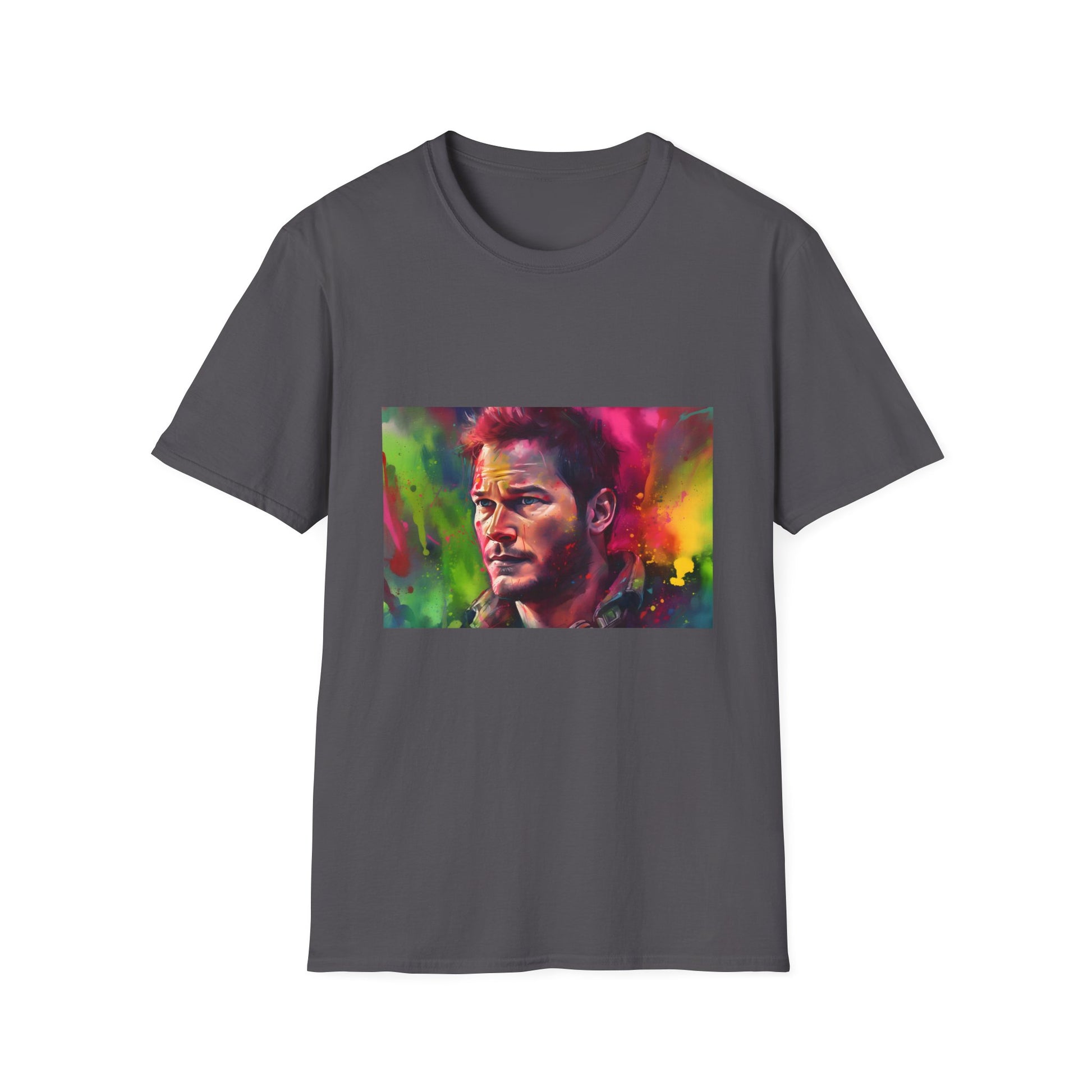 "Adventurous Spirit in Neon Hues T-shirt featuring Chris Pratt watercolor design - embody the wild optimism and iconic charisma with vibrant neon colors"