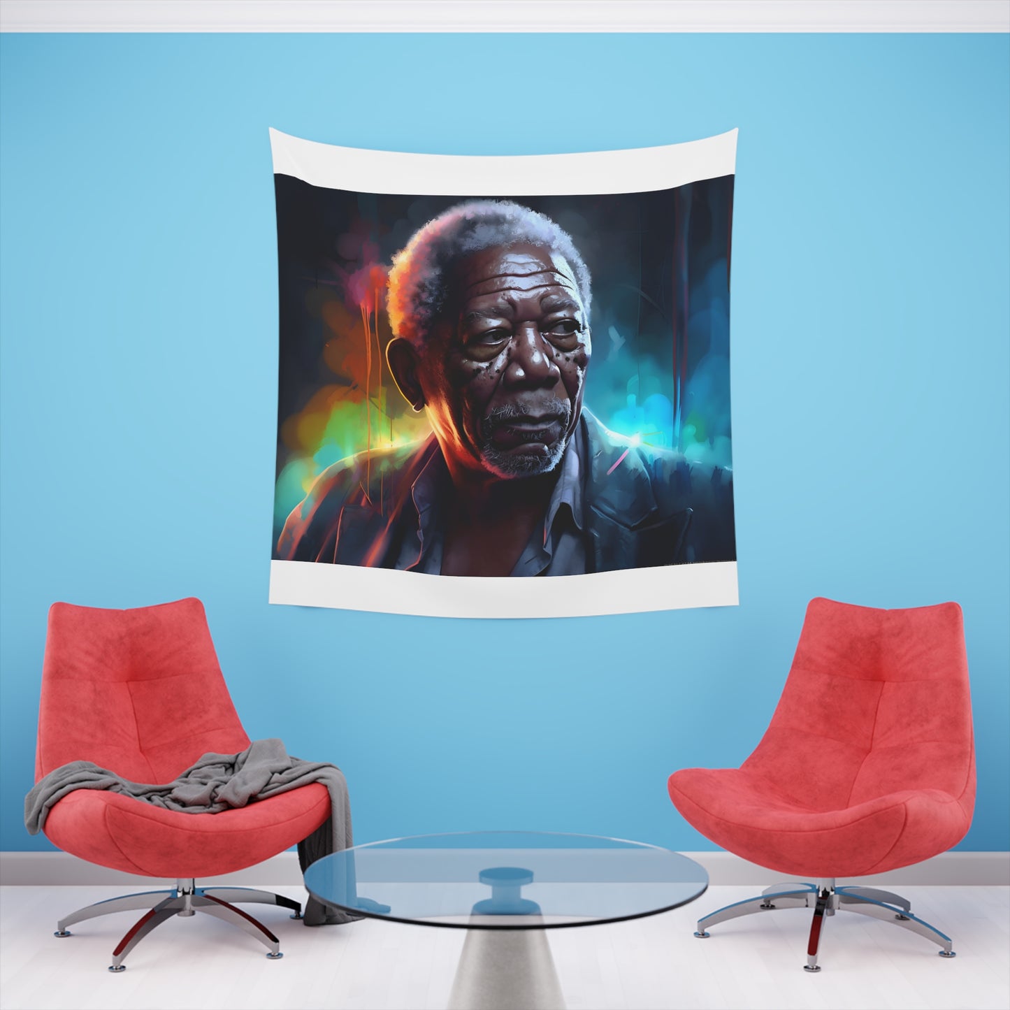 Neon Legend: Morgan Freeman in Watercolor Tapestry | Wall Tapestry | All Over Print, AOP, Decor, Halloween, Home & Living, Home Decor, Indoor, Spring Essentials, Sublimation, Tapestry | Prints with Passion