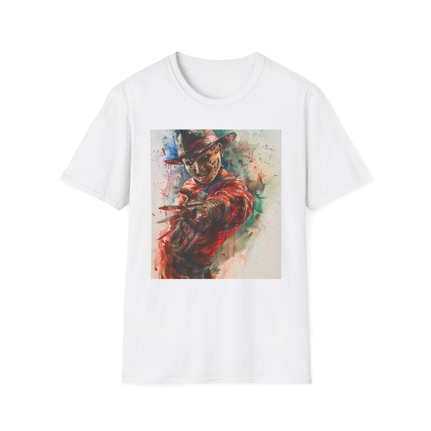 SEO-friendly alt text: "Freddy Krueger t-shirt with iconic menacing visage, perfect for horror fans and Nightmare on Elm Street franchise enthusiasts"