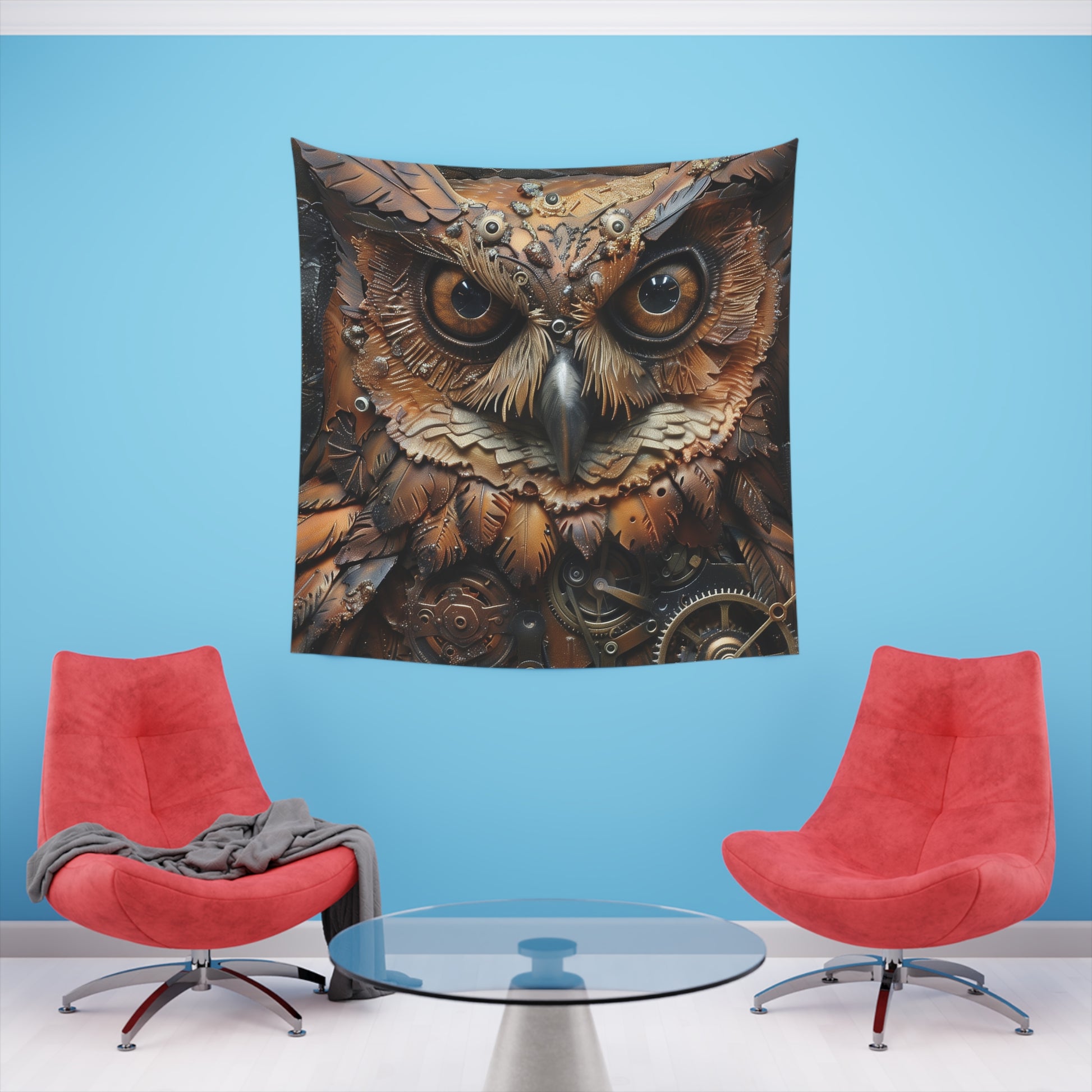 Feathered Machine: A Steampunk Owl Tapestry | Wall Tapestry | All Over Print, AOP, Decor, Halloween, Home & Living, Home Decor, Indoor, Spring Essentials, Sublimation, Tapestry | Prints with Passion