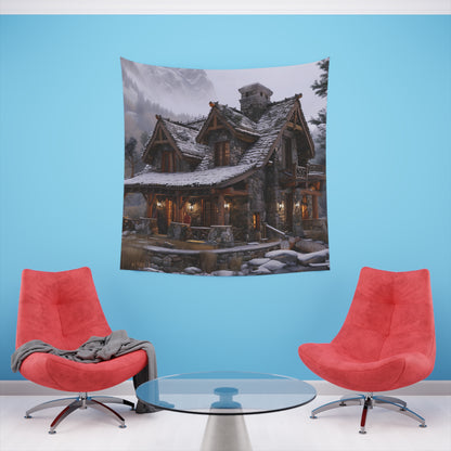 Mountain Retreat: A Rustic Cabin Tapestry | Wall Tapestry | All Over Print, AOP, Decor, Halloween, Home & Living, Home Decor, Indoor, Spring Essentials, Sublimation, Tapestry | Prints with Passion