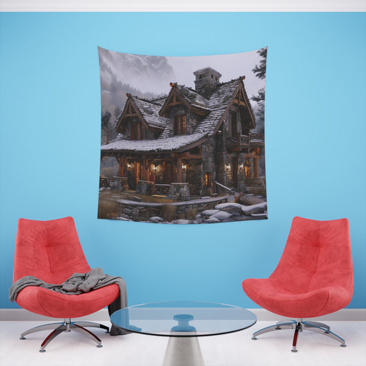 Mountain Retreat: A Rustic Cabin Tapestry | Wall Tapestry | All Over Print, AOP, Decor, Halloween, Home & Living, Home Decor, Indoor, Spring Essentials, Sublimation, Tapestry | Prints with Passion