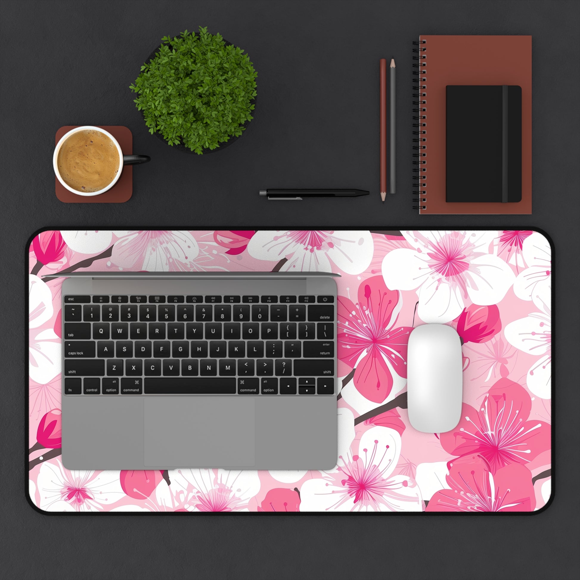 "Cherry Blossom Desk Mat - Elegant pink and white petals pattern for tranquil and sophisticated workspace vibes"