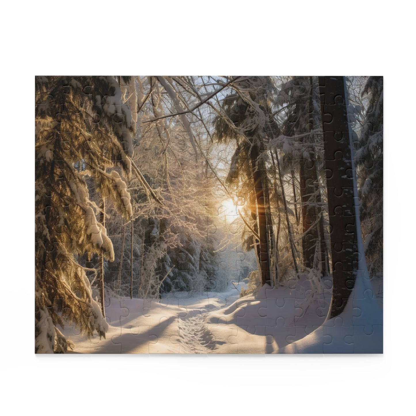 "Capture the magic of a Winter Wonderland with this scenic jigsaw puzzle of a snowy forest"