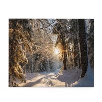 "Capture the magic of a Winter Wonderland with this scenic jigsaw puzzle of a snowy forest"