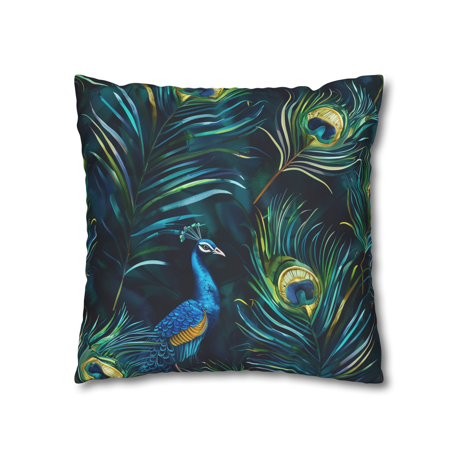 "Vibrant blue peacock feather pillowcase with elegant seamless pattern for luxurious bedroom decor"