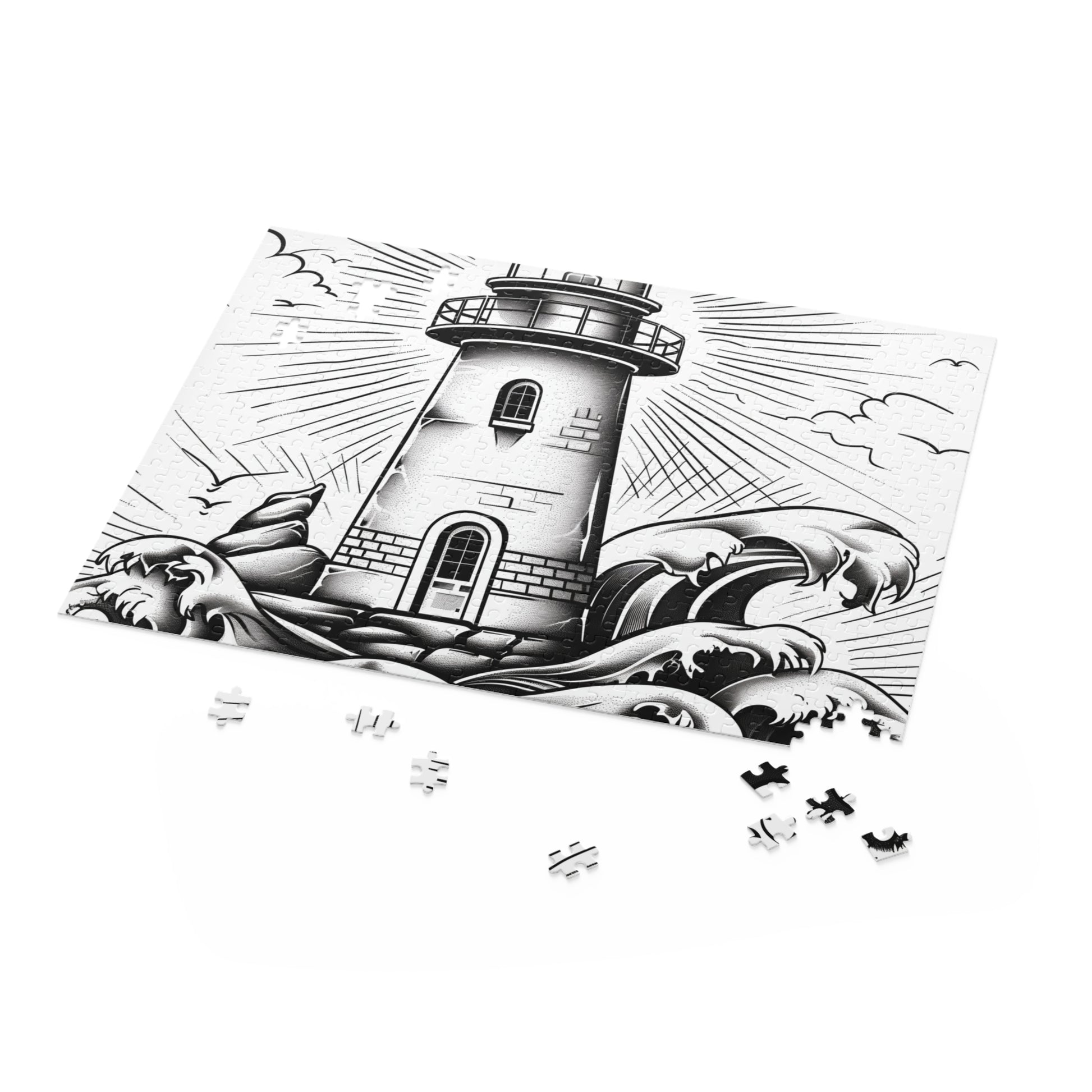 Coastal Beacon Jigsaw Puzzle - Hand-drawn lighthouse by crashing waves, perfect for relaxing fun and wall decor