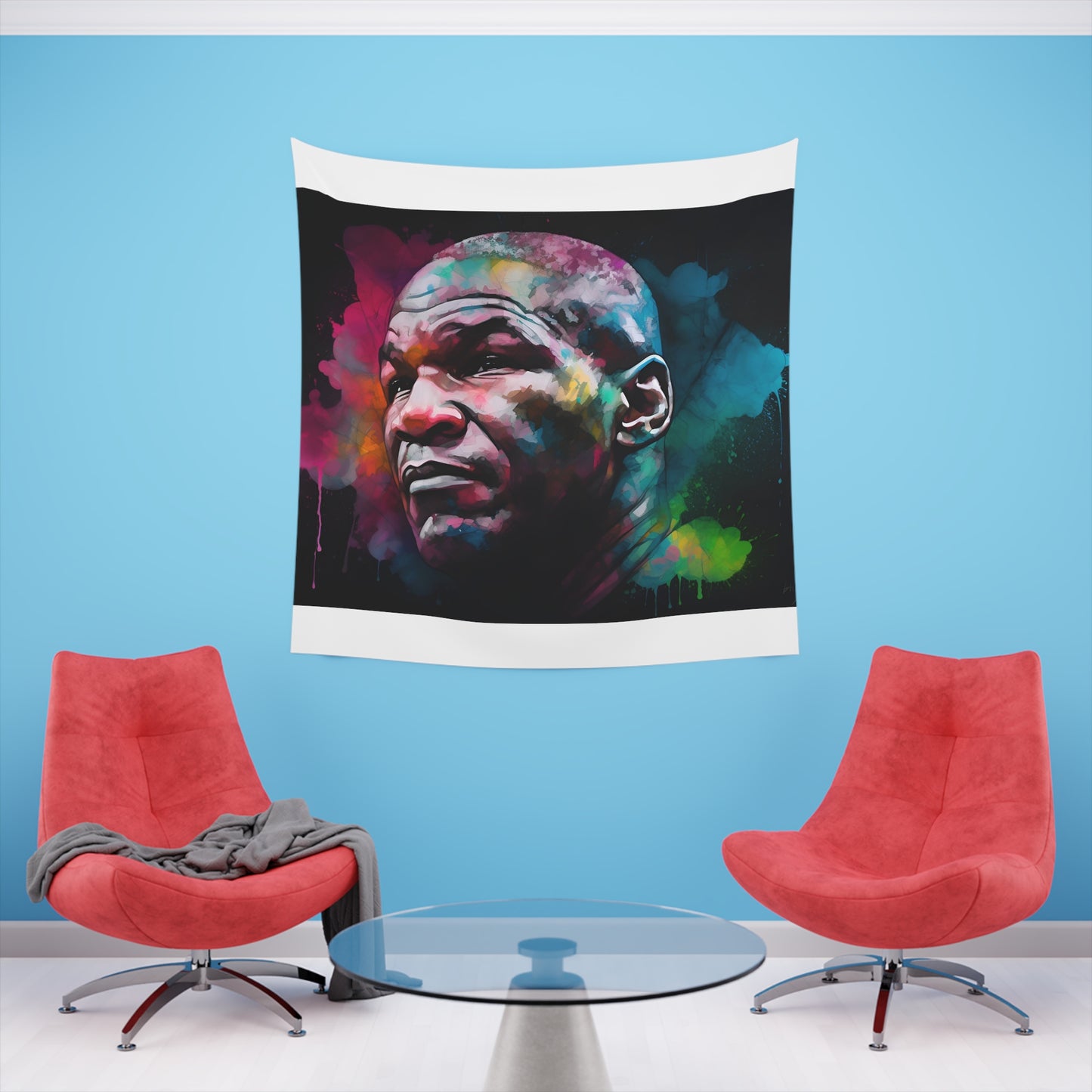 Iron & Neon: Mike Tyson in Watercolor Tapestry | Wall Tapestry | All Over Print, AOP, Decor, Halloween, Home & Living, Home Decor, Indoor, Spring Essentials, Sublimation, Tapestry | Prints with Passion