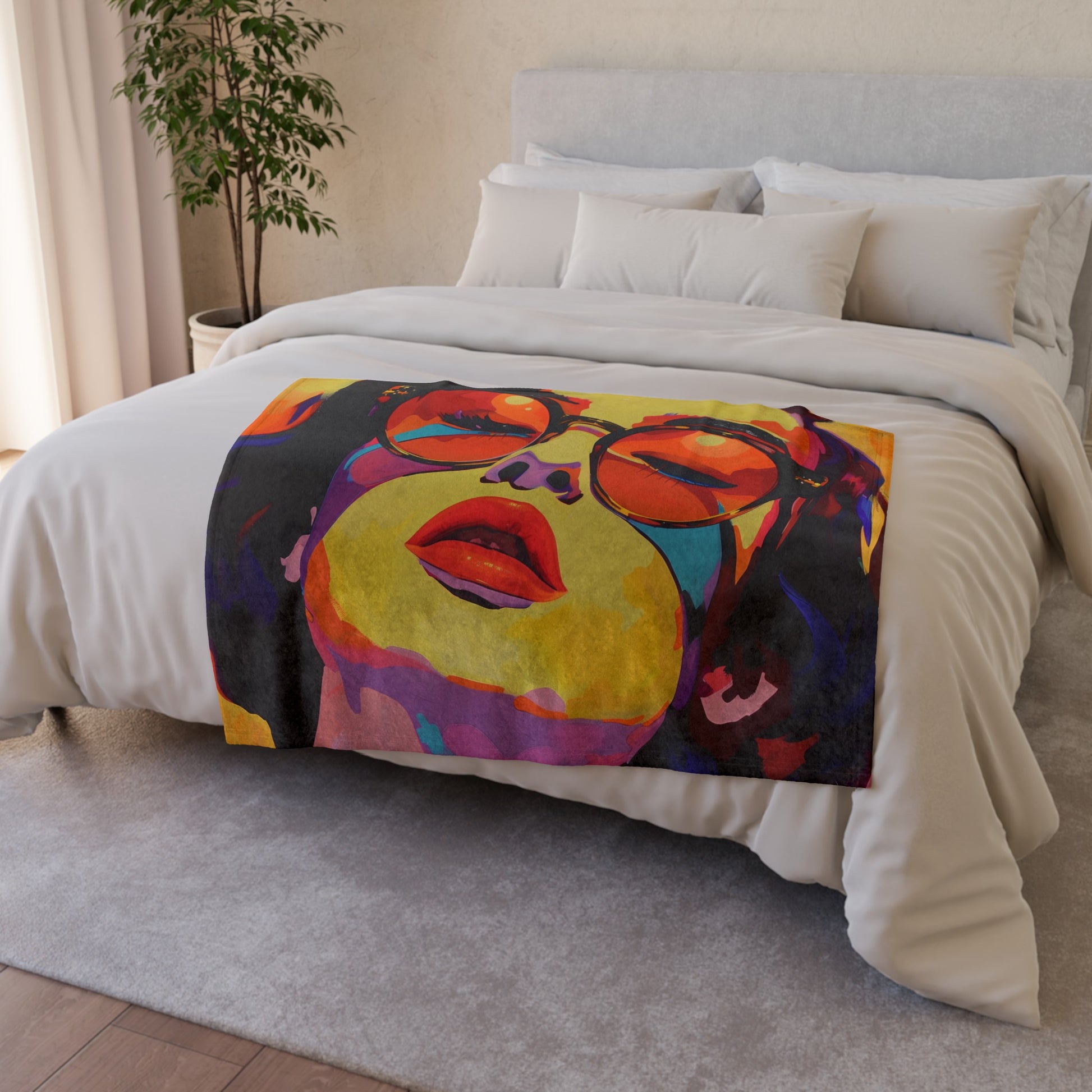 Transform your home into a personal art gallery with this Artful Comfort Pop Art Portrait Blanket. Add a touch of modern cool with the vivid colors and bold design. A statement piece that brings artistic energy to any room.