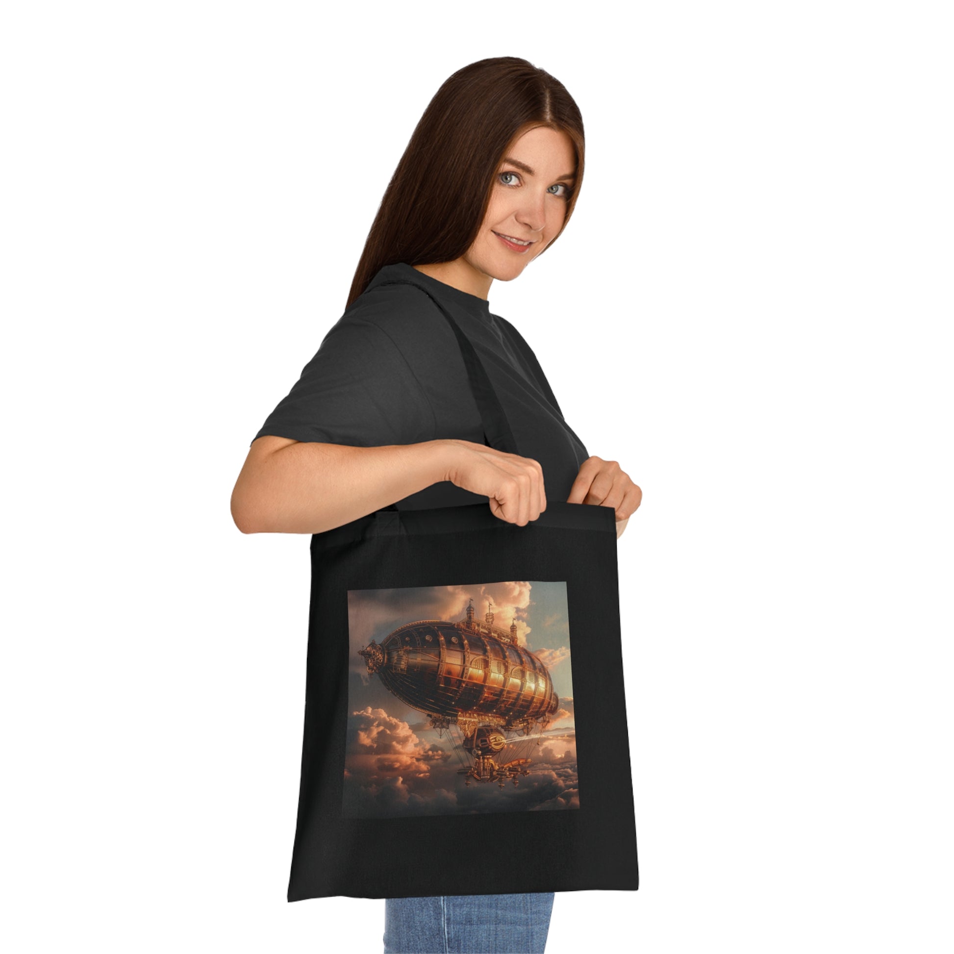 Alt text: "Airship Adventures Tote Bag featuring a steampunk airship design, high-quality material, comfortable and stylish, perfect for all seasons, makes a great gift | PrintsWithPassion"