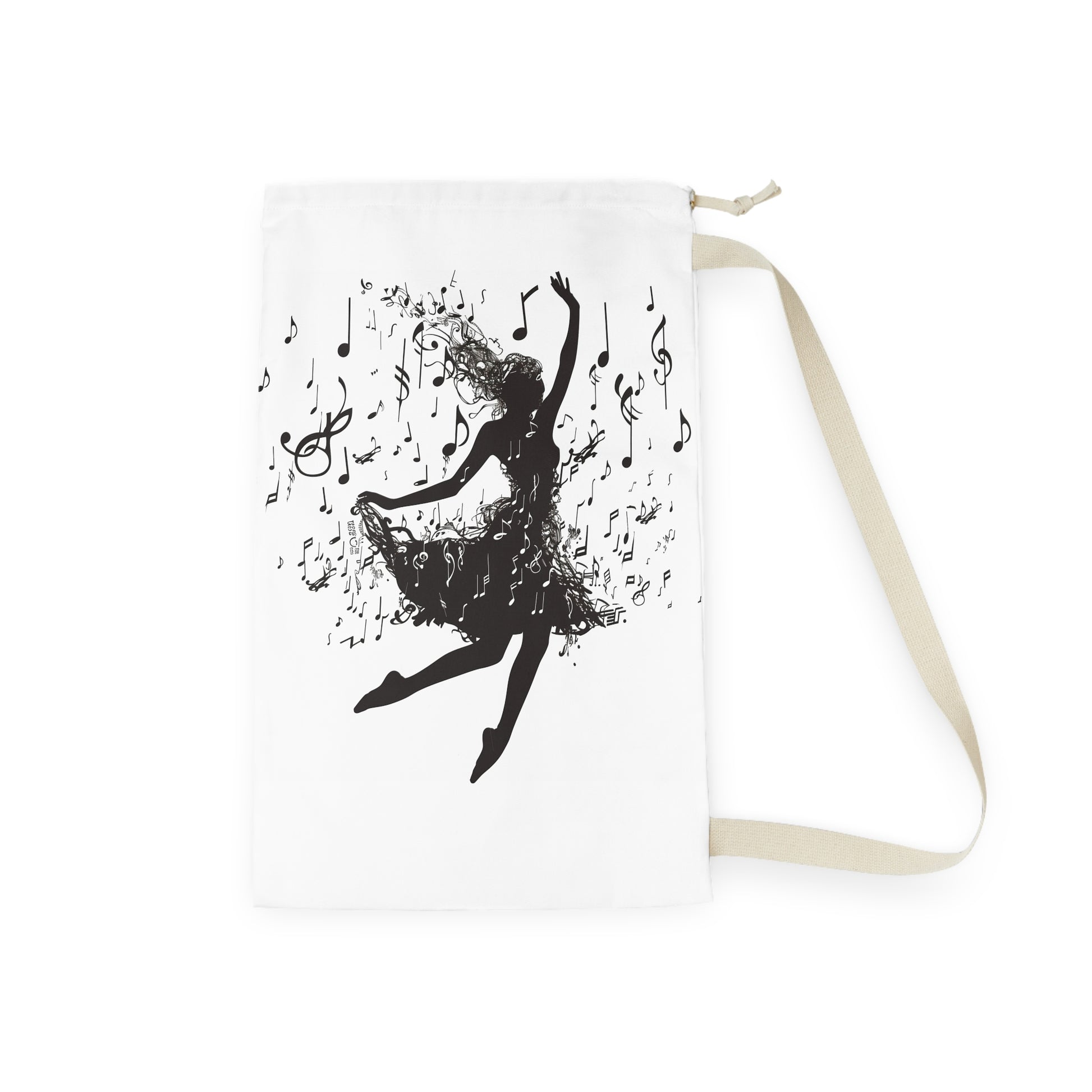 "Silhouette dancer laundry bag with musical notes design for artistic flair"