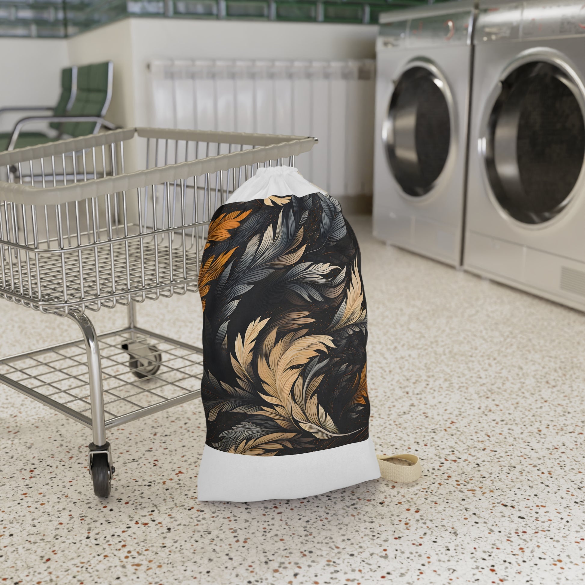 "Calligraphy strokes laundry bag with Textura Quadrata pattern, elevate your laundry routine"