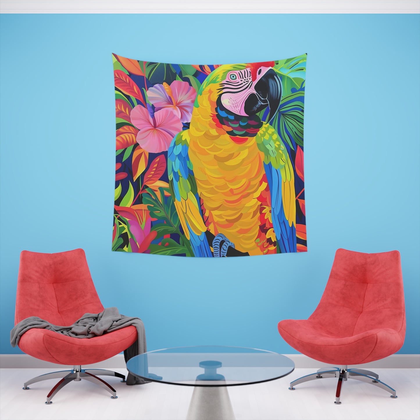 Tropical Vibrance: A Parrot Tapestry | Wall Tapestry | All Over Print, AOP, Decor, Halloween, Home & Living, Home Decor, Indoor, Spring Essentials, Sublimation, Tapestry | Prints with Passion