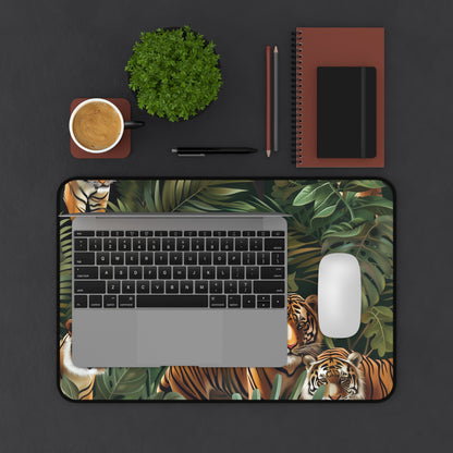 "Wild Jungle Safari Tiger Desk Mat - Stay inspired and organized with seamless jungle pattern and majestic tigers"