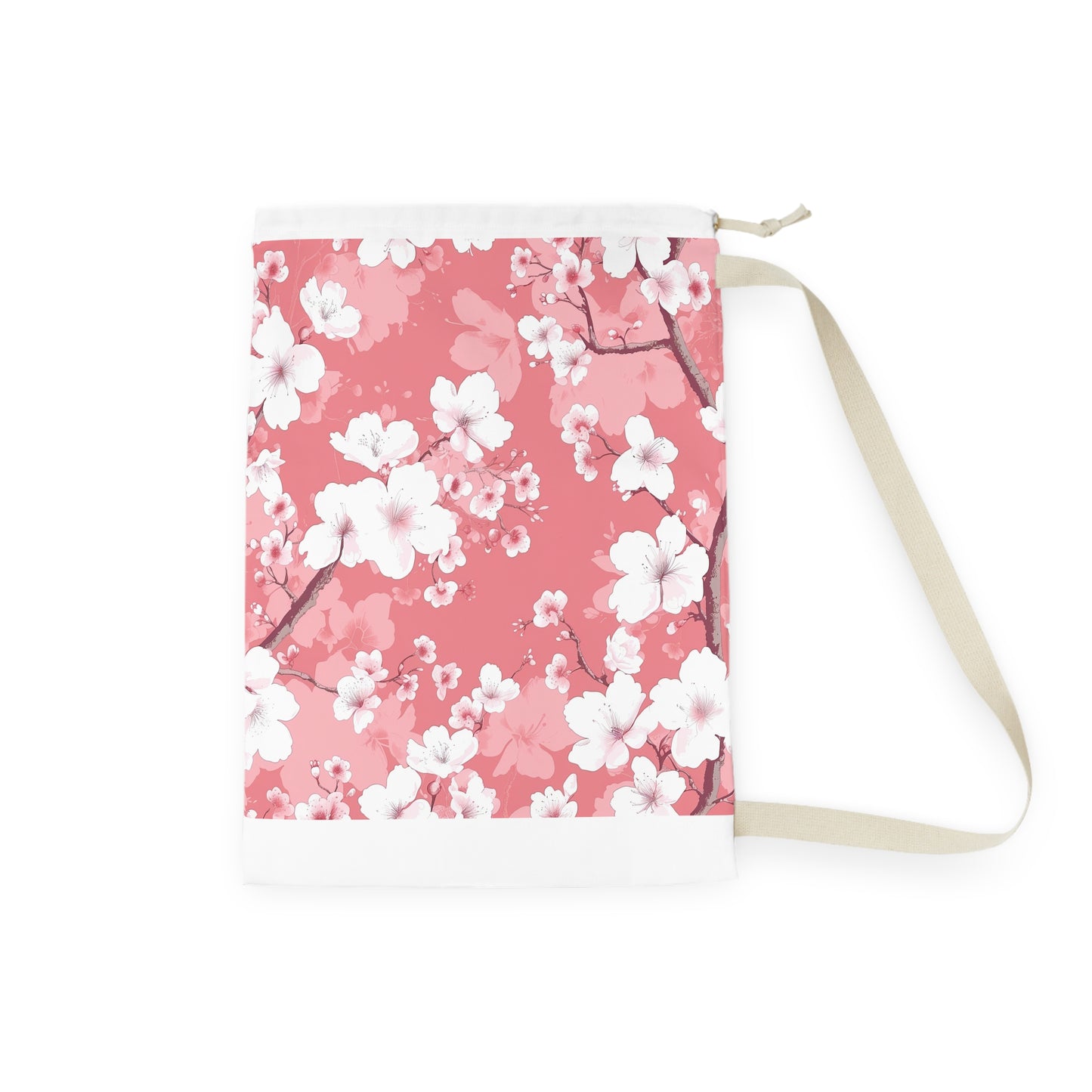 "Cherry Blossom Laundry Bag in Pink and White - Stylish and Seamless Design for Organizing Laundry"