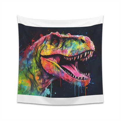 "Neon Roar T-Rex Watercolor Tapestry - Vibrant and bold dinosaur art for home decor"