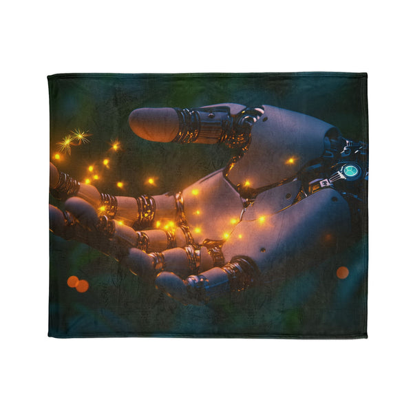 Cyborg Hand Holding Fireflies — Plush Fleece Throw Blanket — Draped Over Sofa & Bed Lifestyle View