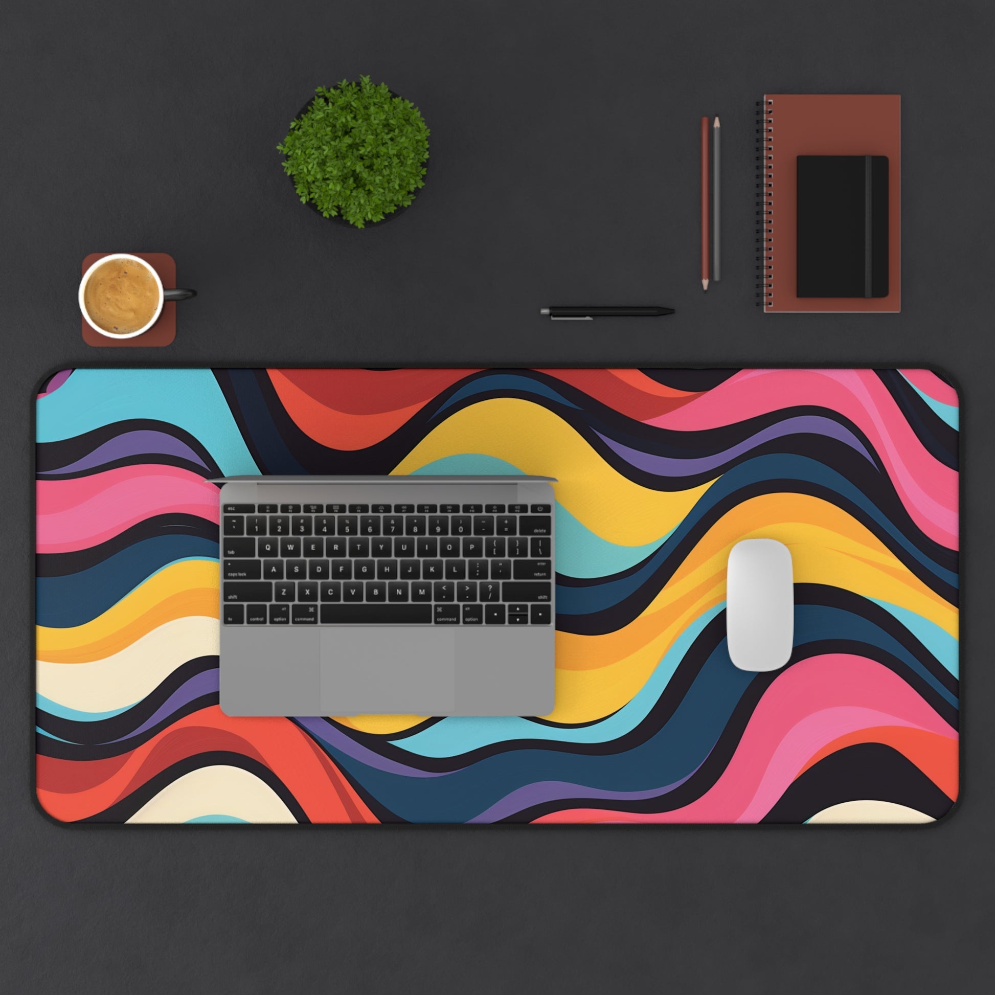 "Colorful Retro Waves Desk Mat for Vibrant Workspace Protection"