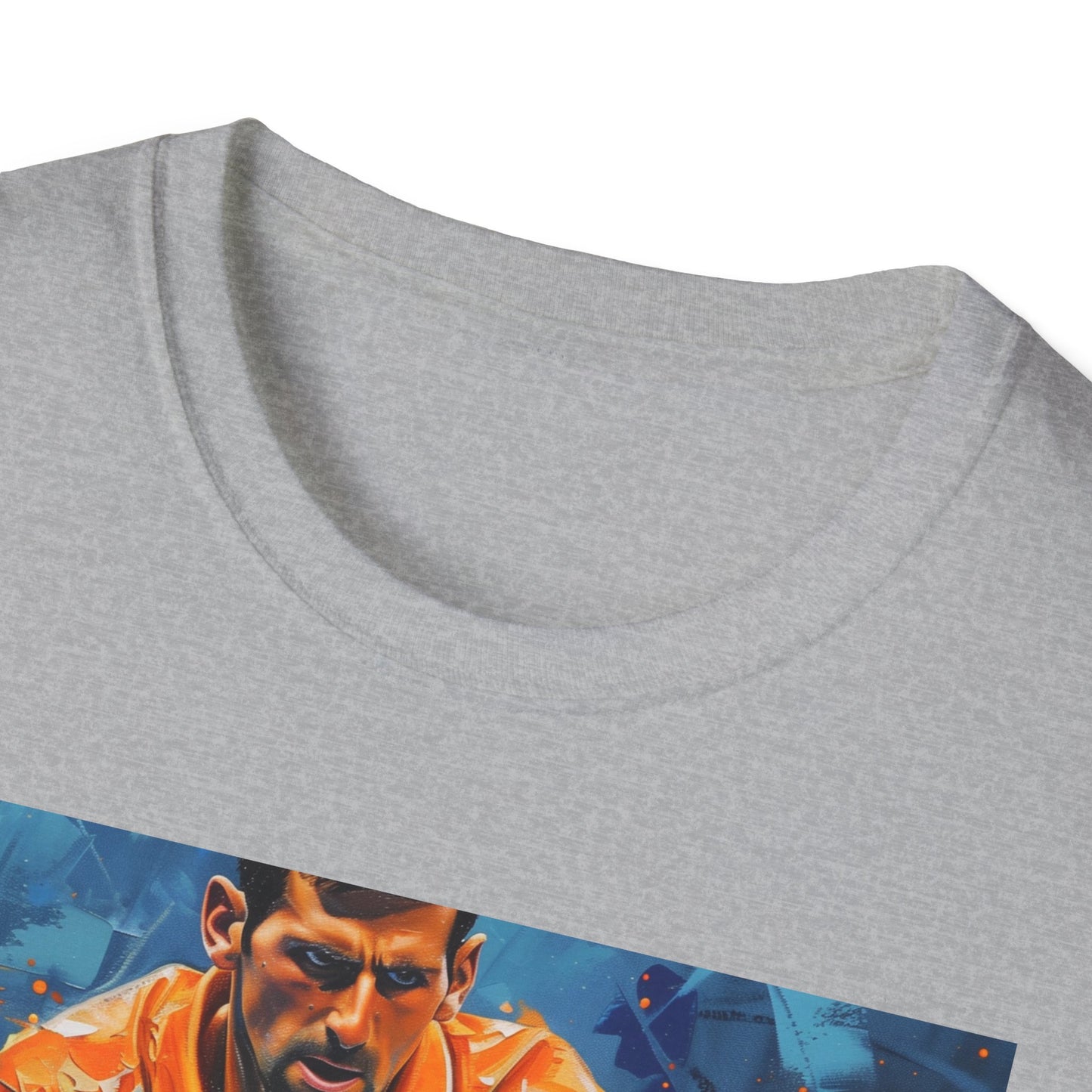 "Vibrant Djokovic Painting T-shirt capturing the legendary player's unmatched skill and determination - perfect for tennis fans and champions alike"