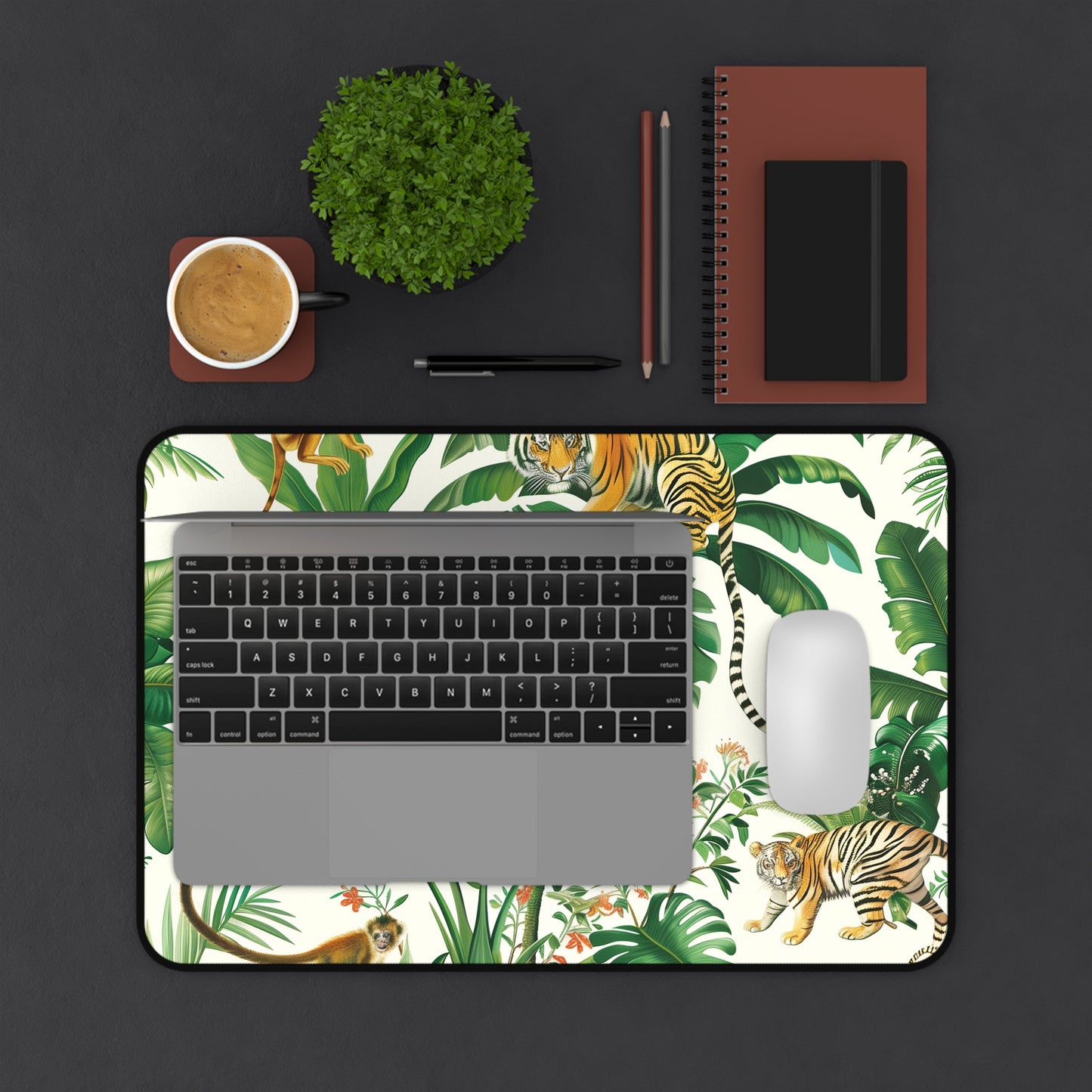 "Transform your workspace with Tiger Jungle Safari Desk Mat, featuring majestic tigers in their natural habitat. Add adventure to your desk today!"