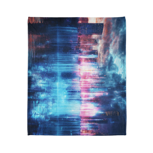 Digital Waterfall Cascading Across Skyline — Plush Fleece Throw Blanket — Product Detail View 7