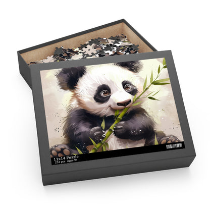 Panda Feast Jigsaw Puzzle - Heartwarming scene of a cute panda enjoying bamboo, perfect for animal lovers and puzzle enthusiasts.