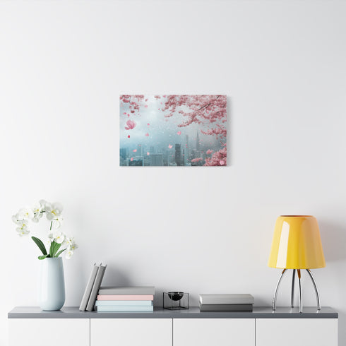 Cherry Blossoms Raining over City Skyline — Canvas Wall Art — Kiln-Dried Pine Frame & Ready-to-Hang Back View