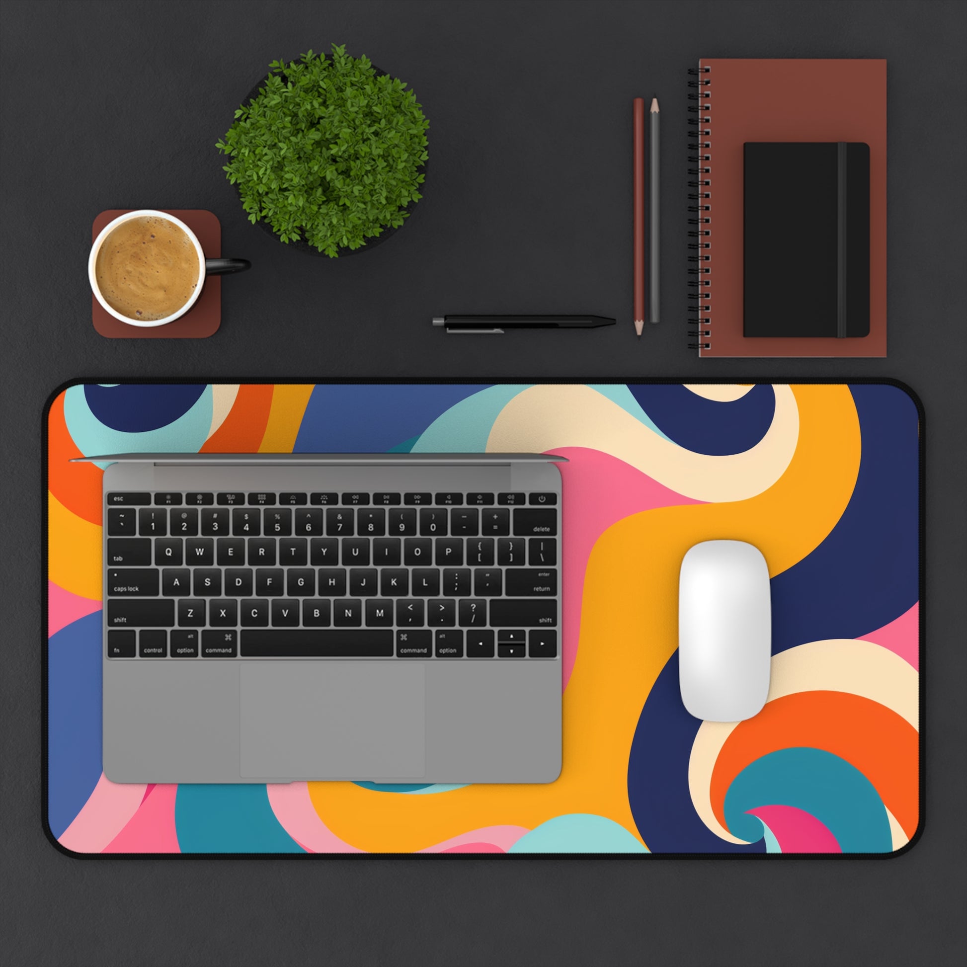 Vibrant Retro Waves Desk Mat - Add retro flair to your workspace with this eye-catching seamless pattern desk mat. Perfect for office decor.