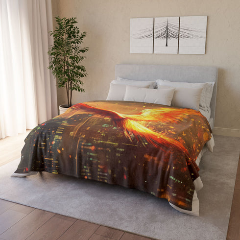Digital Phoenix in Urban Skyline Plush Fleece Throw Blanket