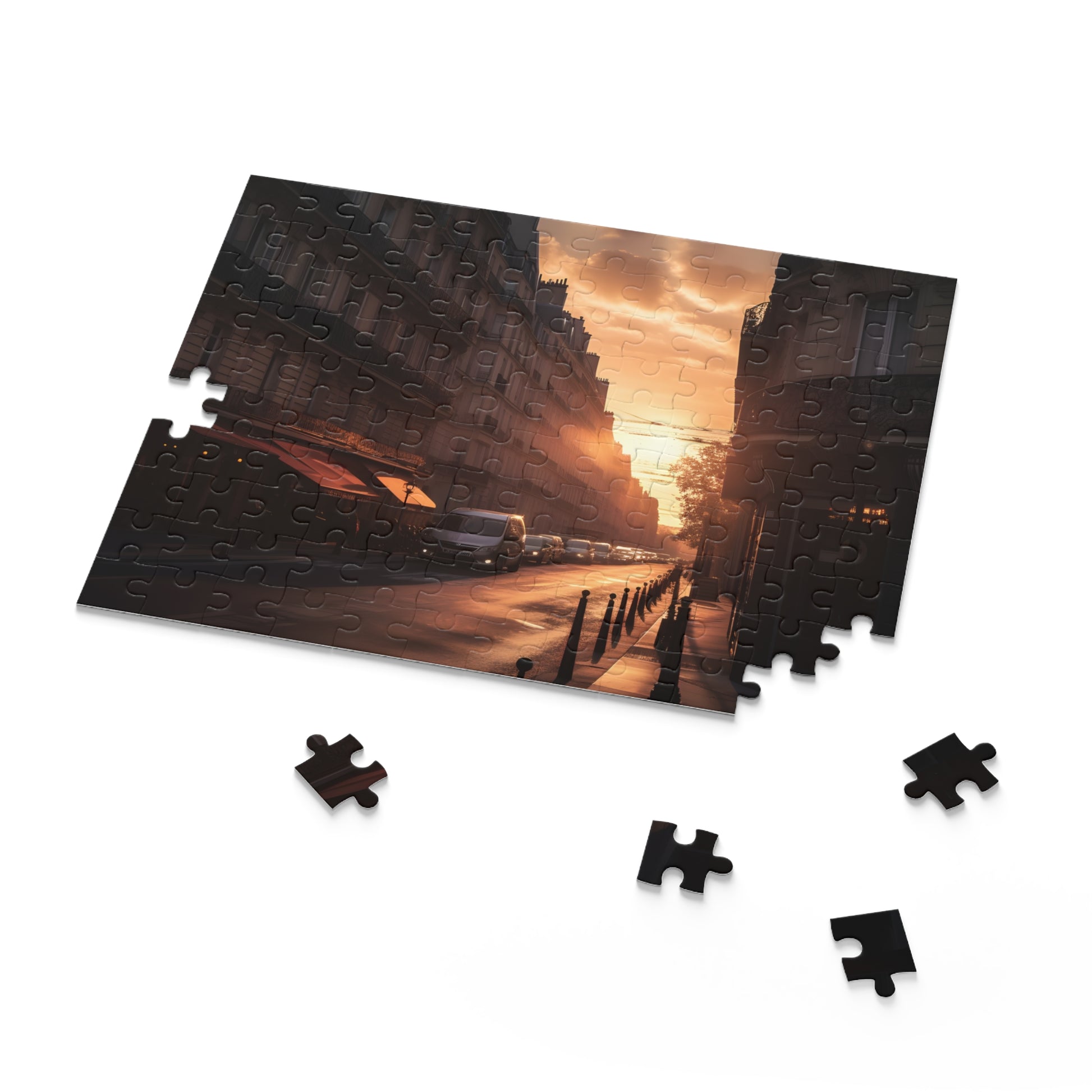 "Paris Streets Sunset jigsaw puzzle - immerse yourself in the romantic charm of the City of Light with this stunning puzzle"