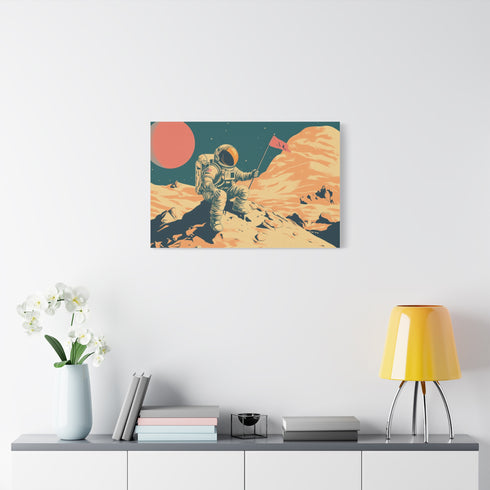 Astronaut Planting Flag on Strange Planet Stretched Canvas Wall Art