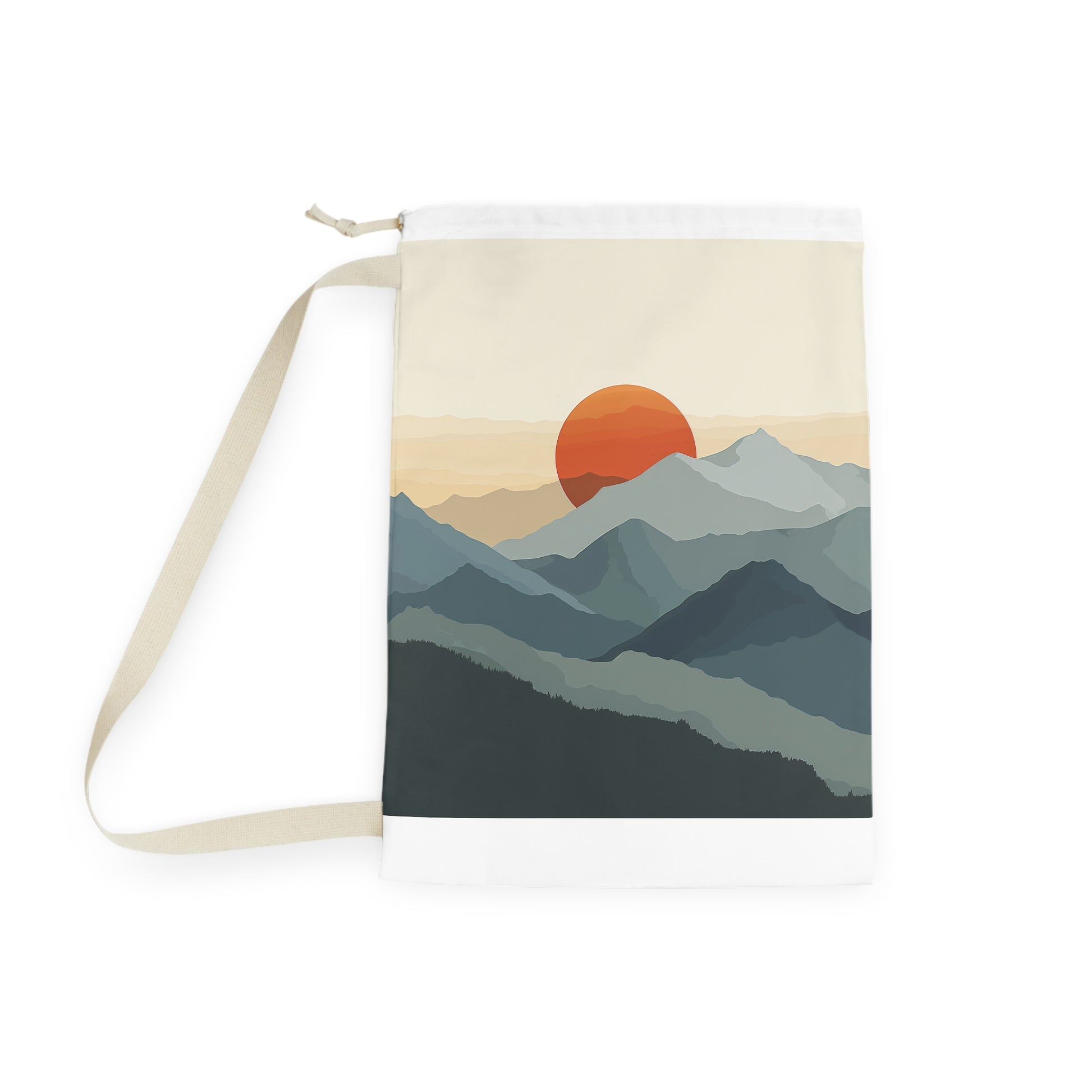 "Sunrise Mountain Laundry Bag - Stylish minimalist design with rising sun, keep clothes organized"