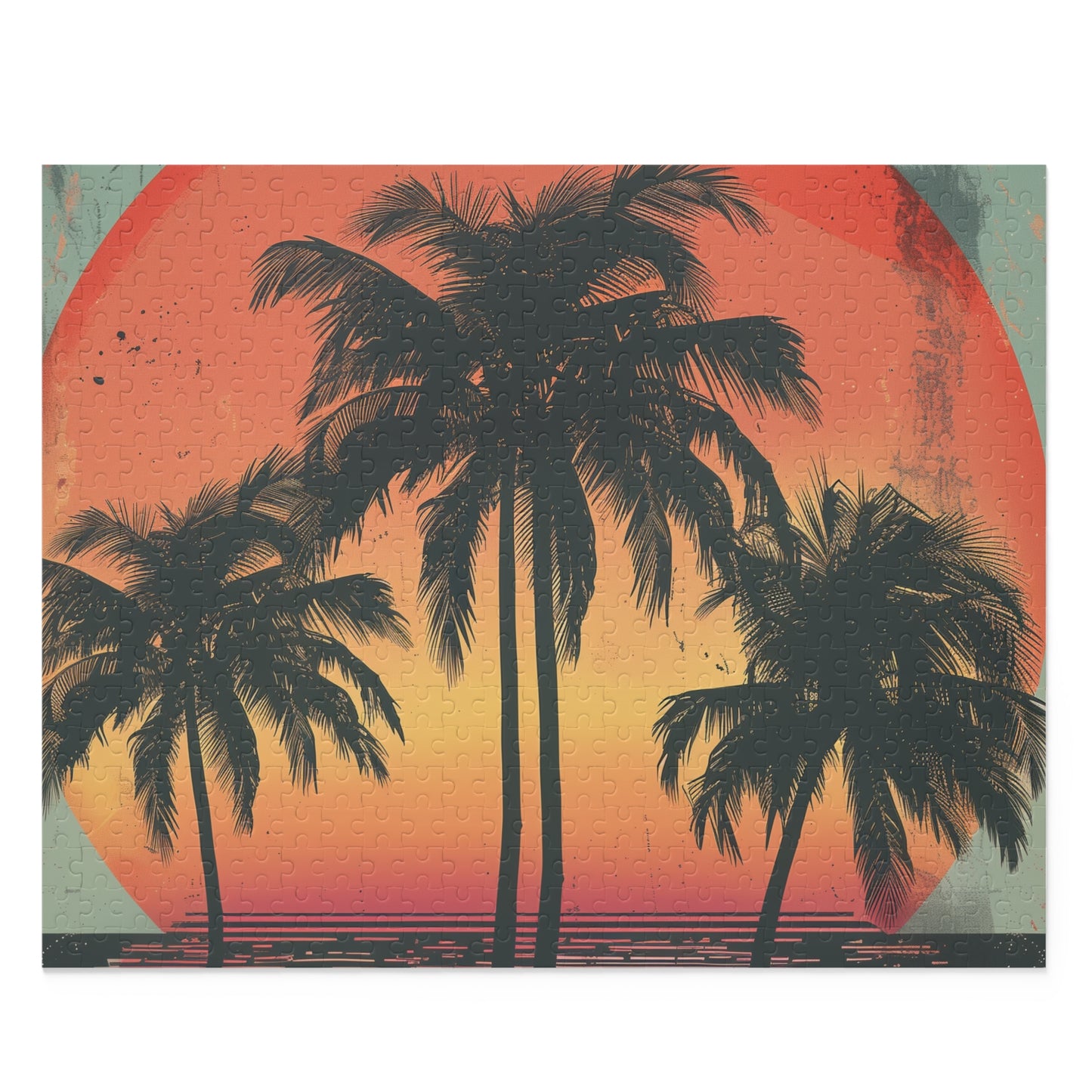 Tropical Palm Tree Paradise Jigsaw Puzzle - Relax with retro sunset scene, unwind with vibrant colors