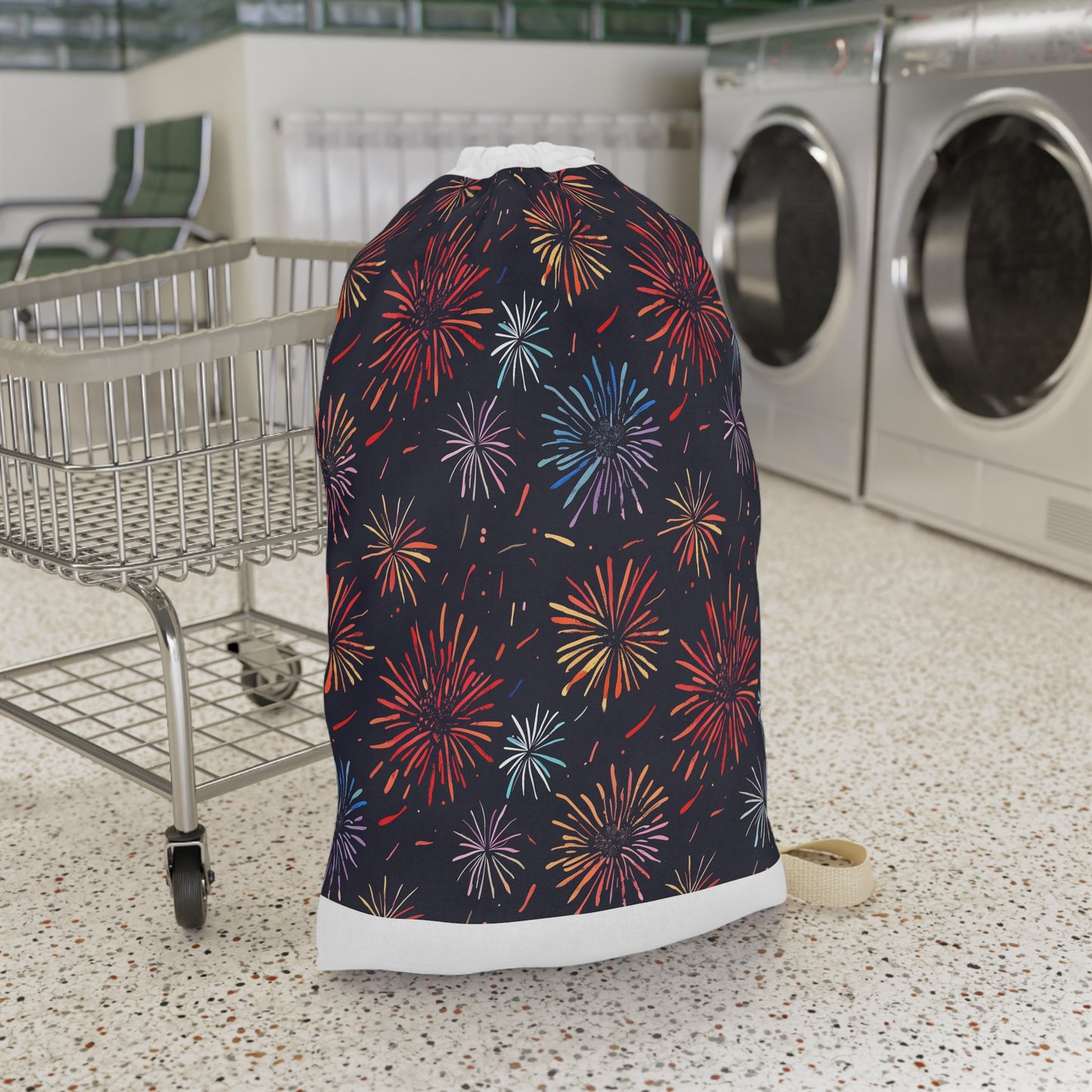 "Colorful fireworks festive laundry bag for stylish organization"