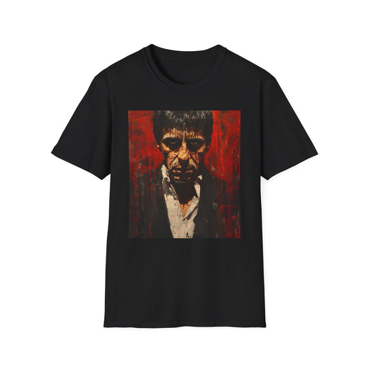 Scarred Legacy: The Unforgettable World of Scarface | T-Shirt | Al Pacino, Art print, Classic movie, Crime boss, Cult film, Gangster, Retro fashion, Scarface painting, T-shirt design, Tony Montana | Prints with Passion