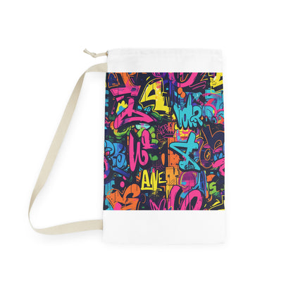 Neon Graffiti Laundry Bag - Vibrant Urban Graffiti design, bold neon colors, stylish laundry carrier