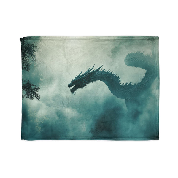 Water Dragon Swimming Through Forest Fog — Plush Fleece Throw Blanket — Full Flat Artwork View